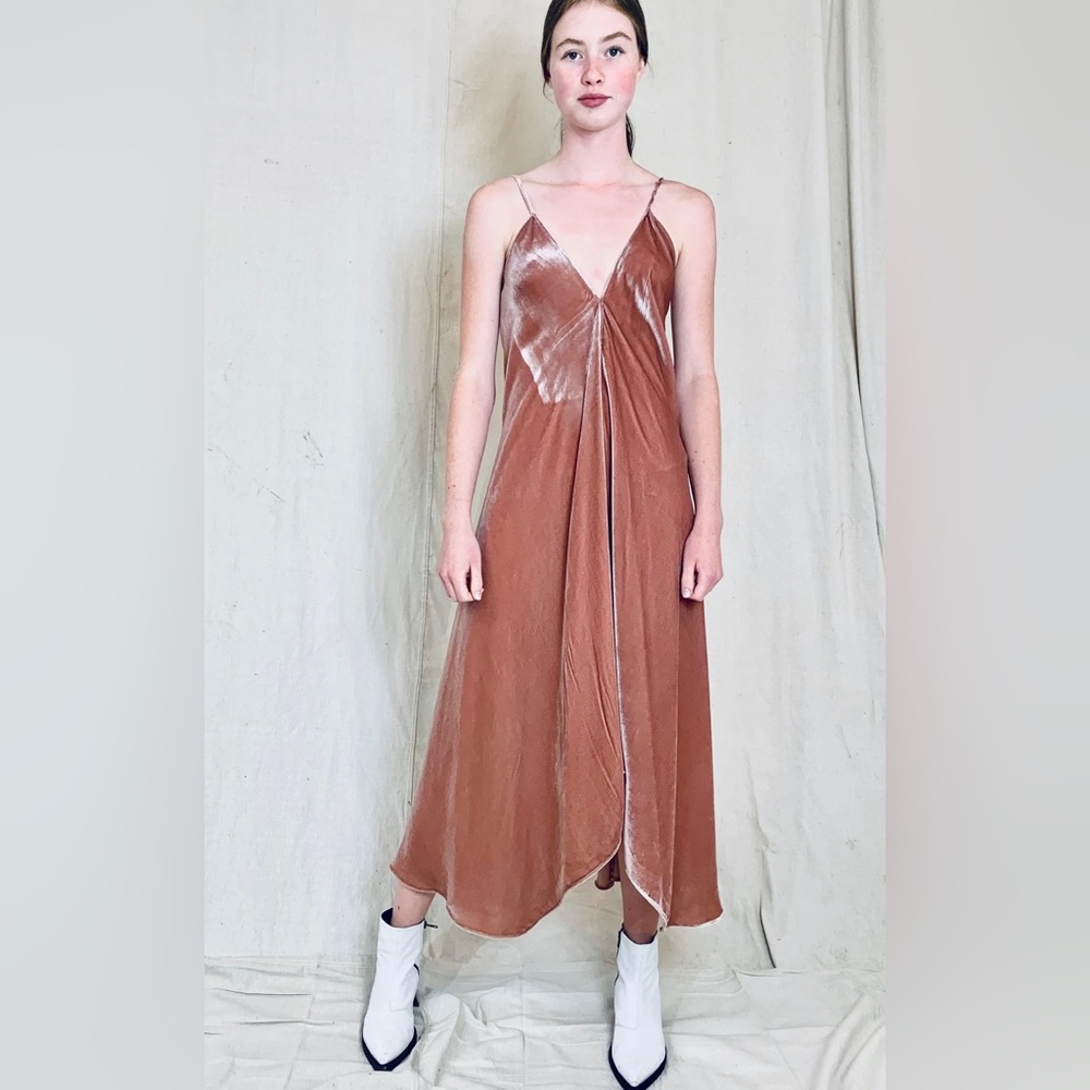 Asymmetric strappy, adjustable “scarf” hem 100% silk velvet dress